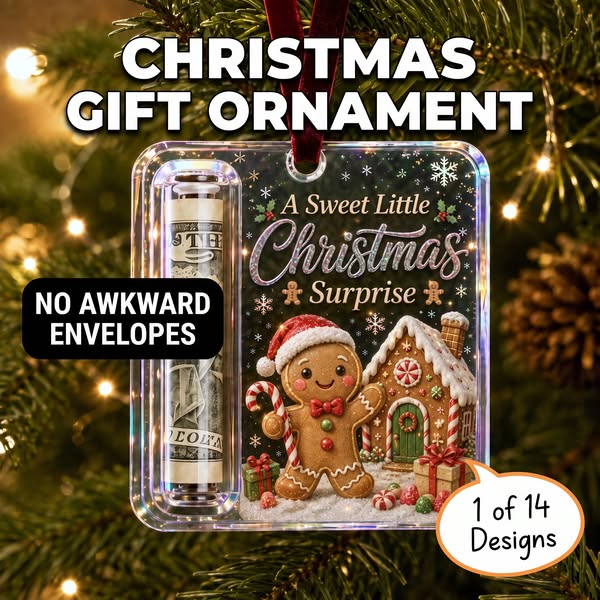 Christmas Cash Gift Ornament — Turn "Just Money" into a Tree-Top Surprise | Clear Acrylic Money Holder with Rolled-Bill Tube, Gingerbread