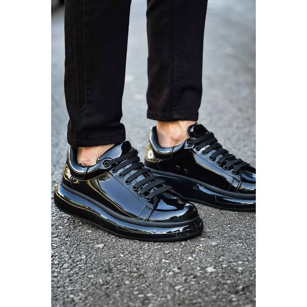 Men's Black Patent Leather Sneakers - 295 - Free Express Shipping