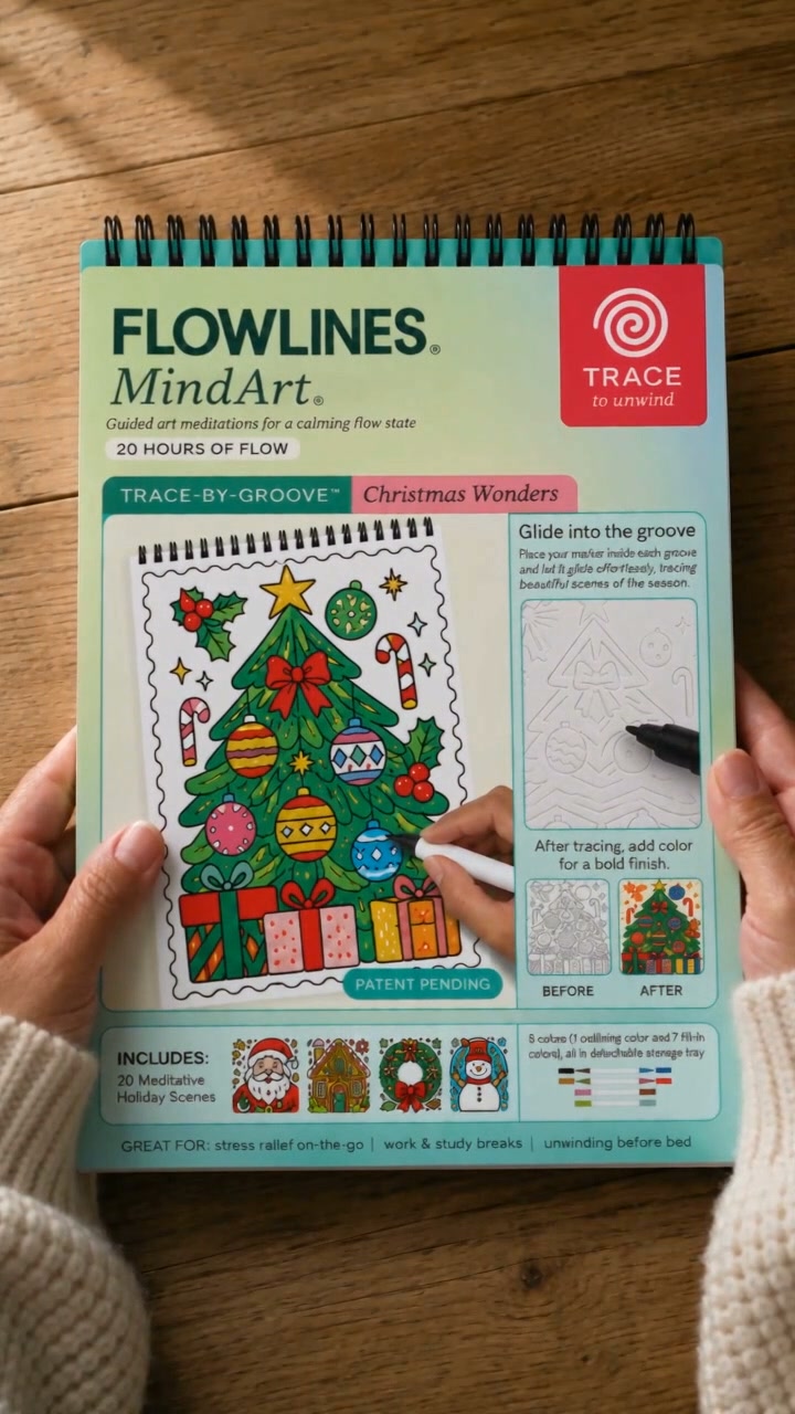 Trace-By-Groove Guided Flow Art Coloring Pad with Double-Sided Markers