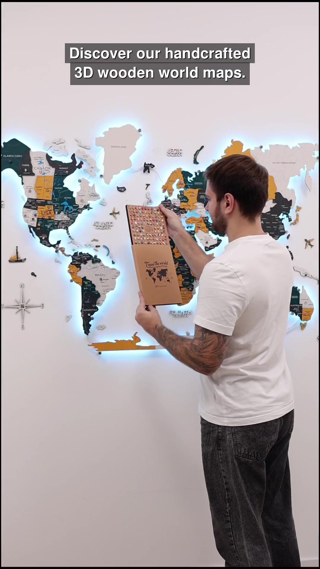 Handcrafted 3D Wooden World Maps
