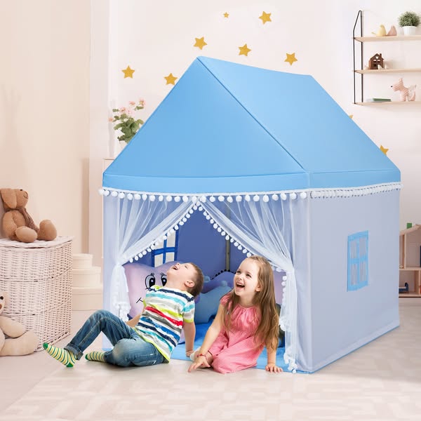 Tenda em forma de Casa com espaço privado para crianças com moldura de madeira sólida e cobertor de algodão 120 x 105 x 140 cm Azul