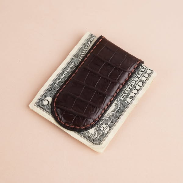 Dark Brown Alligator Leather Money Clip - Rounded Shape