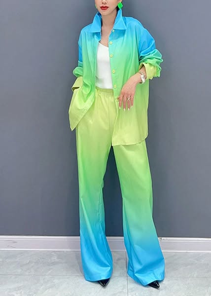 Gradient Color Yellow Peter Pan Collar Button Shirts And Pants Two Piece Set Fall Purple-S(Fit for EU 38-40, US 6-8, UK/AU 10-12, IT 42-44)