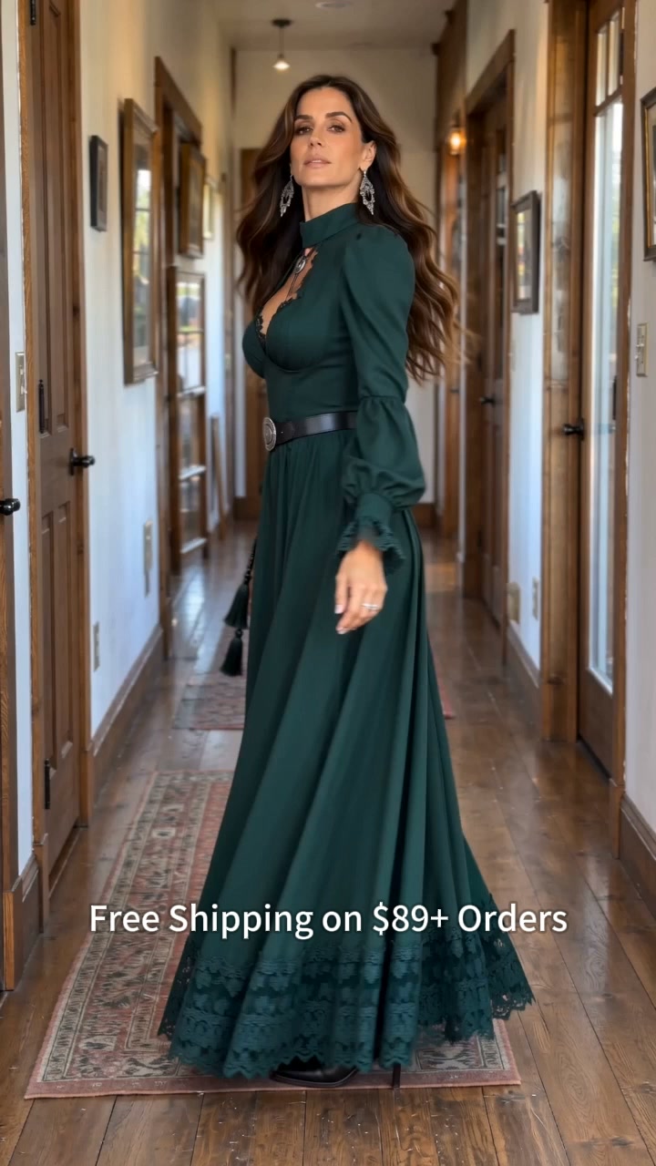 Forest Green Openwork Halter Neck High Slit Floral Lace Maxi Dresses (No Belt, Ears Of Wheat)
