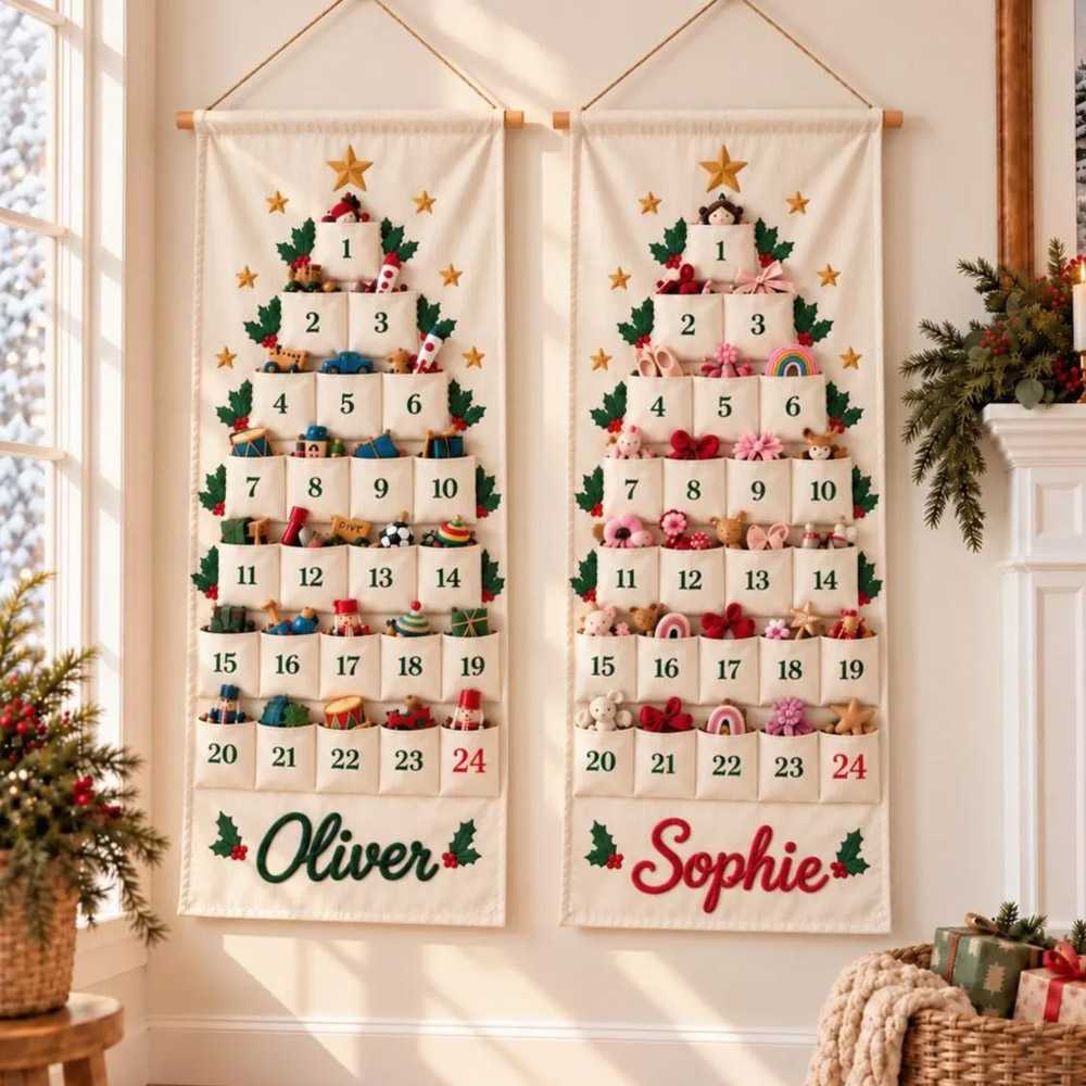 Personalized Advent Calendar for Kids, Custom Name 24 Pocket Christmas Countdown, Fabric Hanging Calendar, Sibling Christmas Tradition