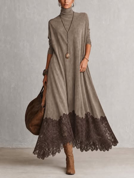 Vestido largo de manga larga con bajo de encaje y tacto de ante marrón vintage