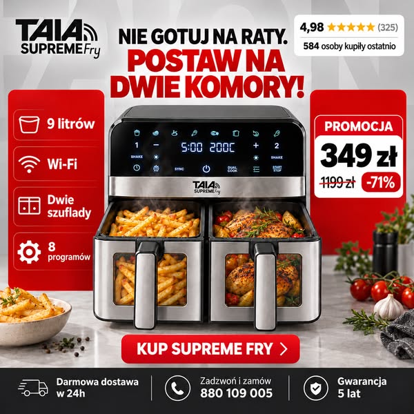 MEGA WYPRZEDAŻ TAIA SUPREME FRY Air Fryer 9 L Wi-Fi dwie szuflady okno podglądu LED i moc 2400W