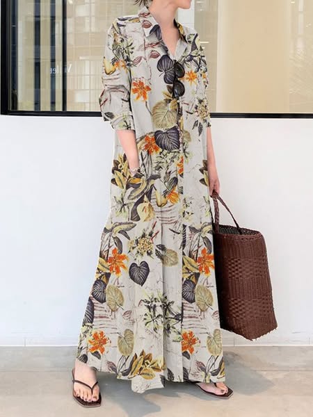 Printed Split-Joint Loose Plus Size Lapel Shirt Dress Maxi Dresses ORANGE-M