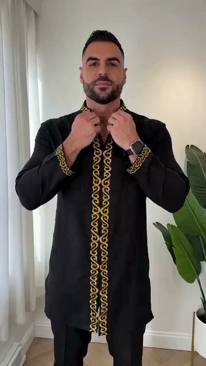 KZZ Men's ethnic style mini stand-up collar top and pants set