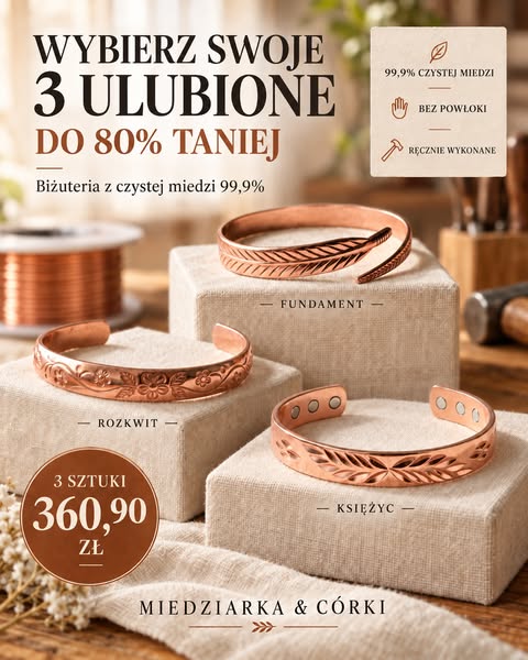 Teraz 3 sztuki biżuterii miedzianej za 360,90 zł + darmowa dostawa