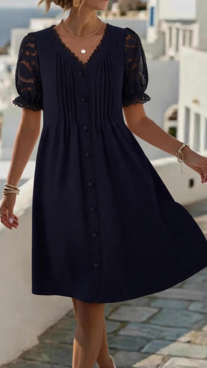 V-Neck Button Shirred Lace Patchwork Dress
