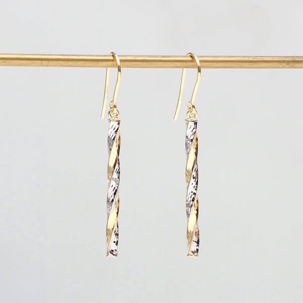 9ct Two Colour Gold Twist Diamond Cut Pole Drop Earrings, __HB_0