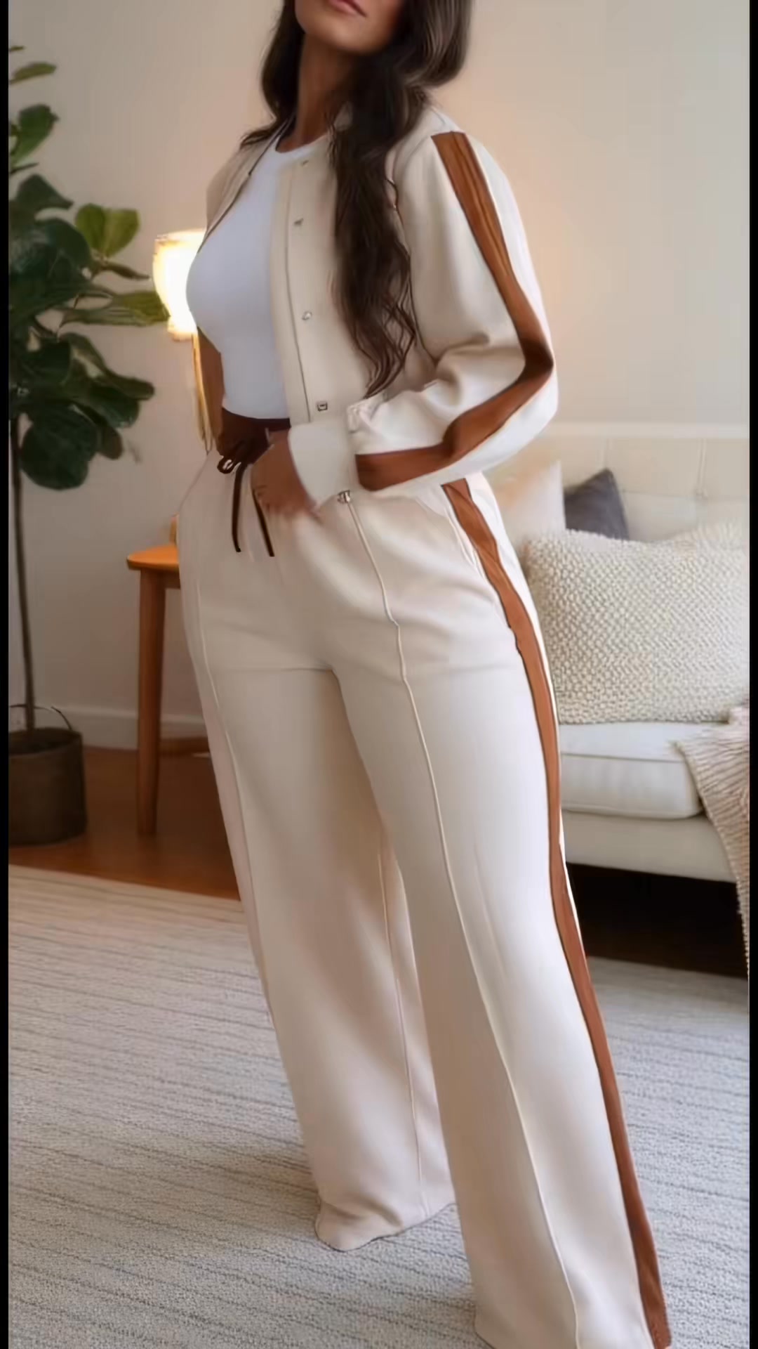 VVZ Two-piece Set Women's Patchwork Top & Wide Leg Pants Set