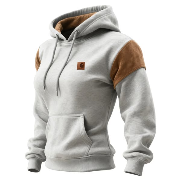 Outdoor Women's Casual Suede Contrast Color Stitching Raglan Sleeve Hooded Sweatshirt Retro Western Sweatshirt Gray-2XL