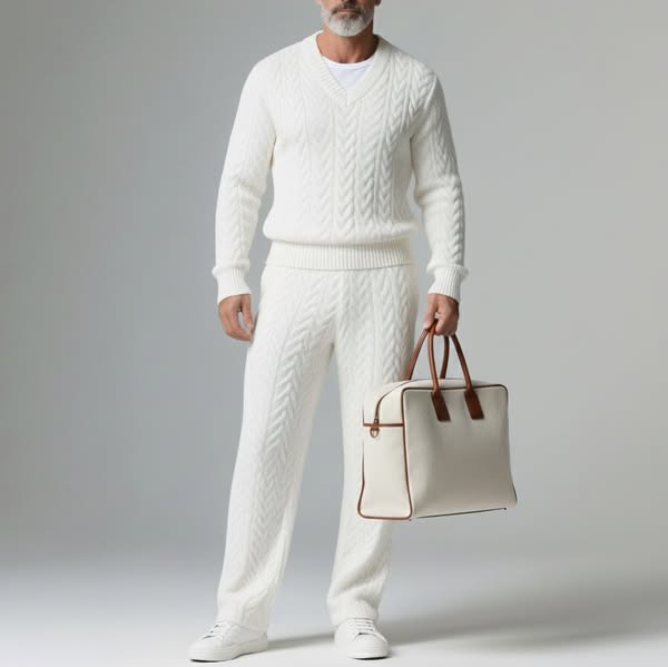 Men's Casual White V Neck Long Sleeve Textured Knit Sweaters & Pants 2Pcs Set