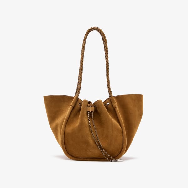Large Ruched Tote in Suede and Braided CalfLeather Focus