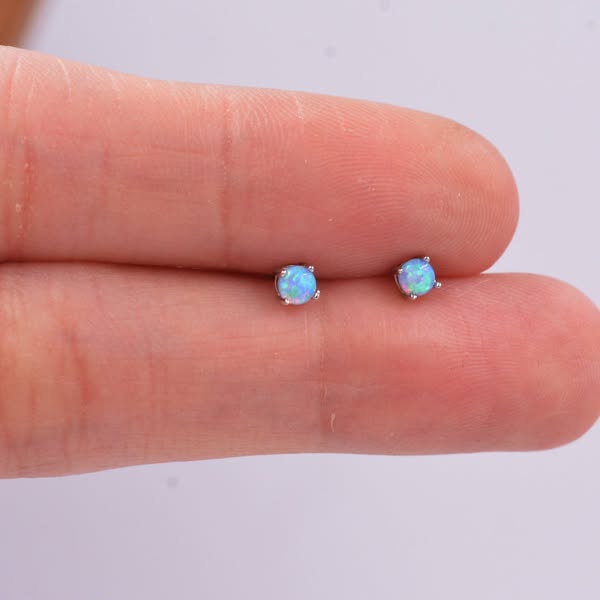 Minimalist Opal Stud Earrings in Sterling Silver, Simulated White or Blue Opal, Tiny Circle Dot Jewellery£11.95
