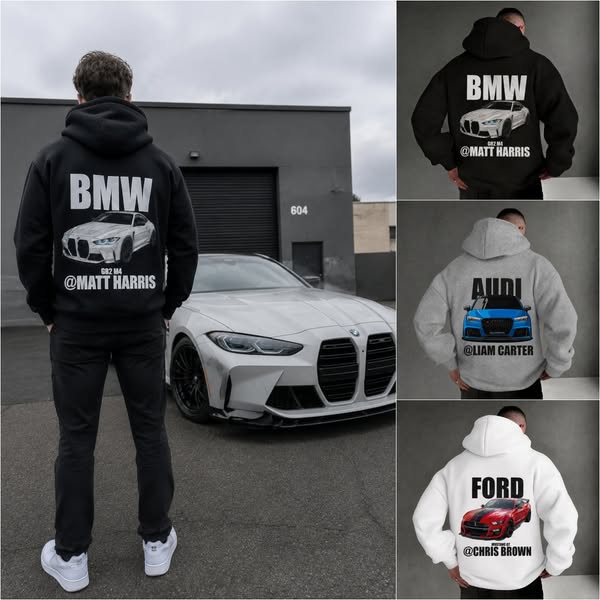 The creative behind it: Personalized Car Brand & Photo Hoodie – Custom Back Car Design with Model Name & Social Handle