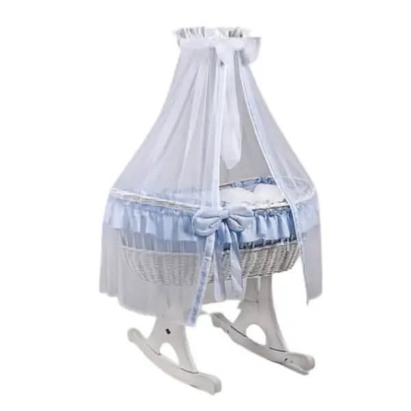 MJ Marks Ophelia Rocking Crib White Wicker Crib with Blue Bedding & Drapes