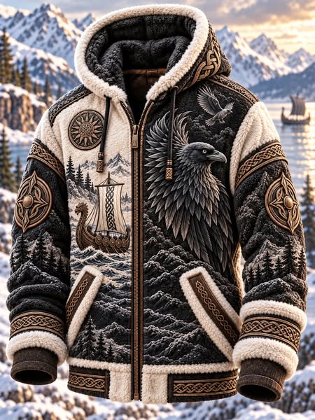 Veste Viking noire au corbeau et navire nordique