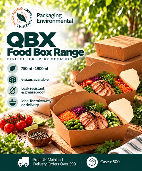 Full range of paper QBX range bioboxes available at Packaging Environmental, designed to keep your hot food fresh and delicious while offer
