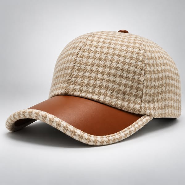 Houndstooth Leather Cap