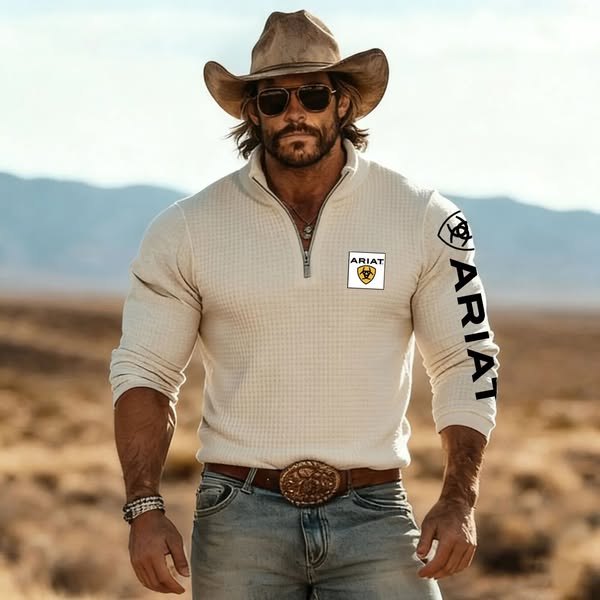 Men's Quarter-Zip Pullover With Patch And Sleeve Design Khaki-S