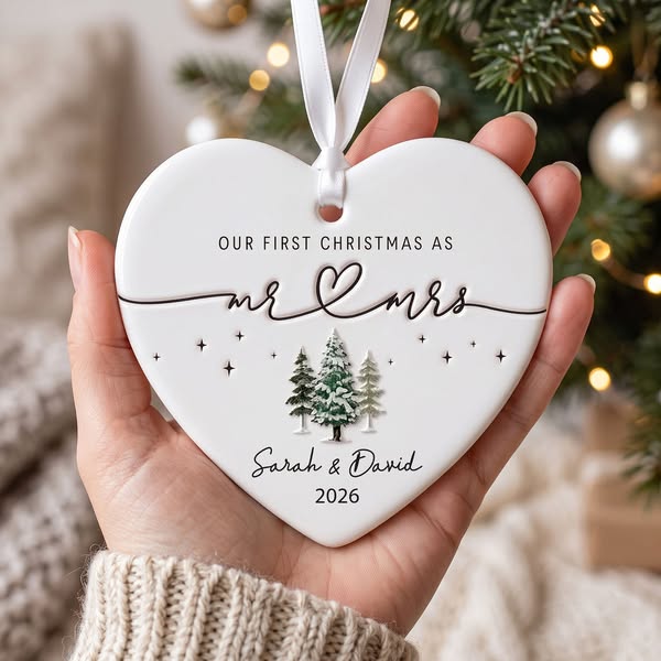 Personalized "Our First Christmas As Mr. & Mrs." Heart Ceramic Ornament