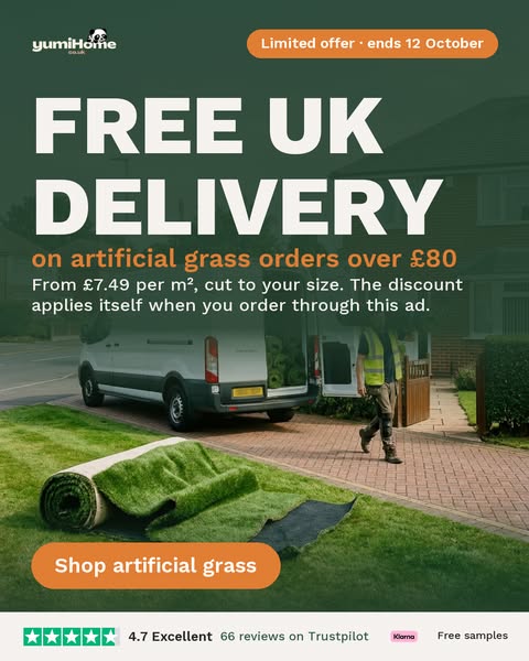 Free UK delivery on artificial grass, ends 12 October