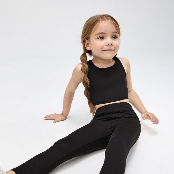 SHEIN Black Racerback Crop Tank Top Leggings Set Kids Children Toddler Girls Clothes Outfits Slim Fit Round Neck Plain Casual Spring Summer