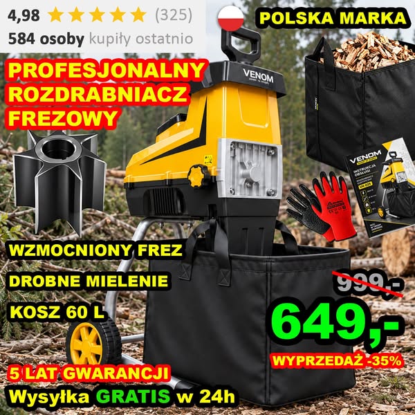 MEGA WYPRZEDAŻ VENOM Rozdrabniacz elektryczny 2800W do grubych gałęzi 44 mm 2×60 L i wysyłka GRATIS w 24h
