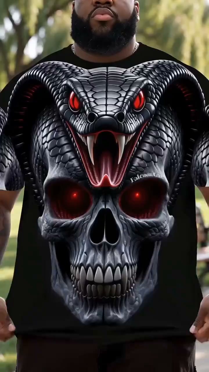 Men 3D Realistic Triple Cobra Red Glowing Eye Skull Full Print Black Base Crew Neck T-Shirt