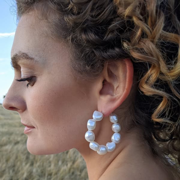 Arabella Large Baroque Pearl Wire Hoop Earrings