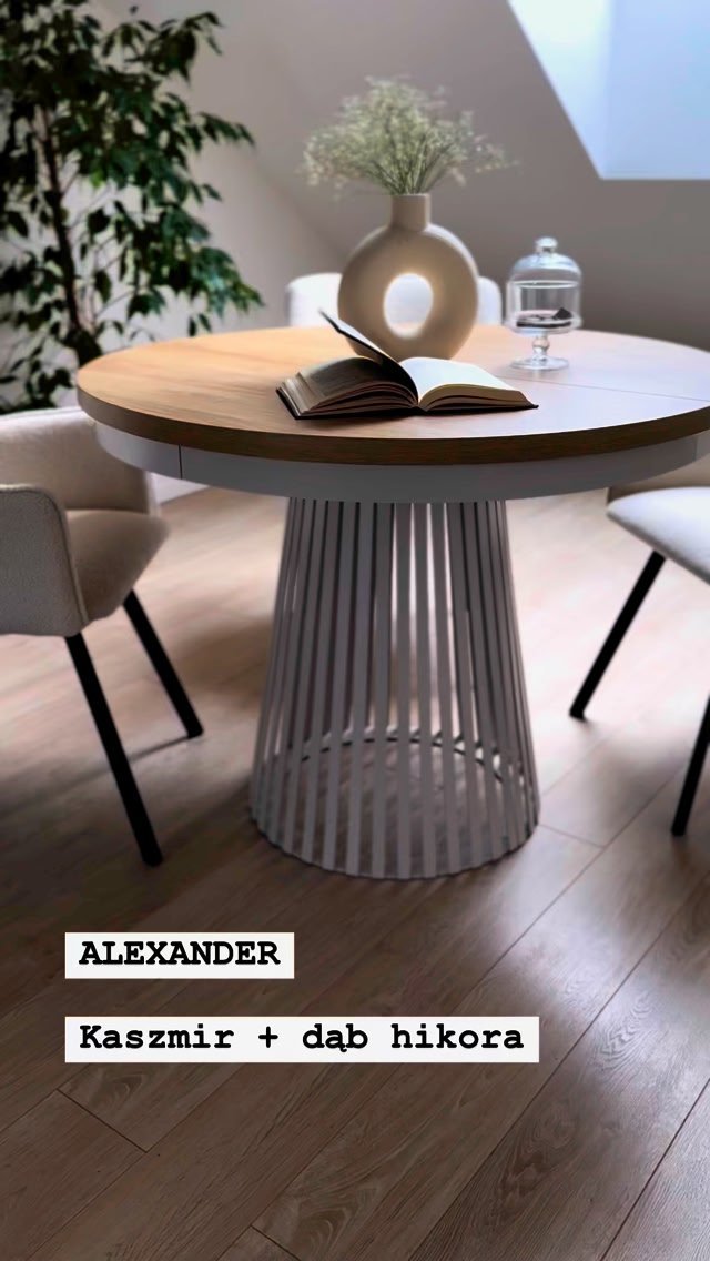 Nowoczesny stół z lamelami Alexander – okrągły blat 100 cm, rozkładany do 180 cm. Kolor kaszmir/dąb hikora, elegancja i funkcjonalność!