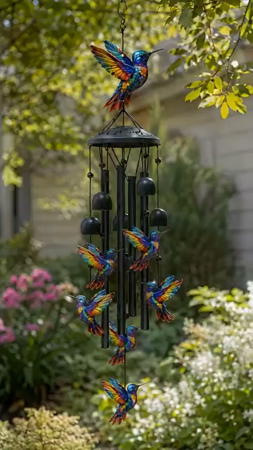 Vintage Colorful Hummingbird Wind Chime with Metal Tubes and Bells