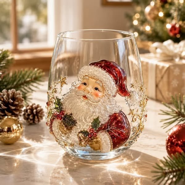 3D Christmas Glass Art Cup | Luxury Raised Holiday Glassware for Drinks, Decor & Christmas Gifts - Santa