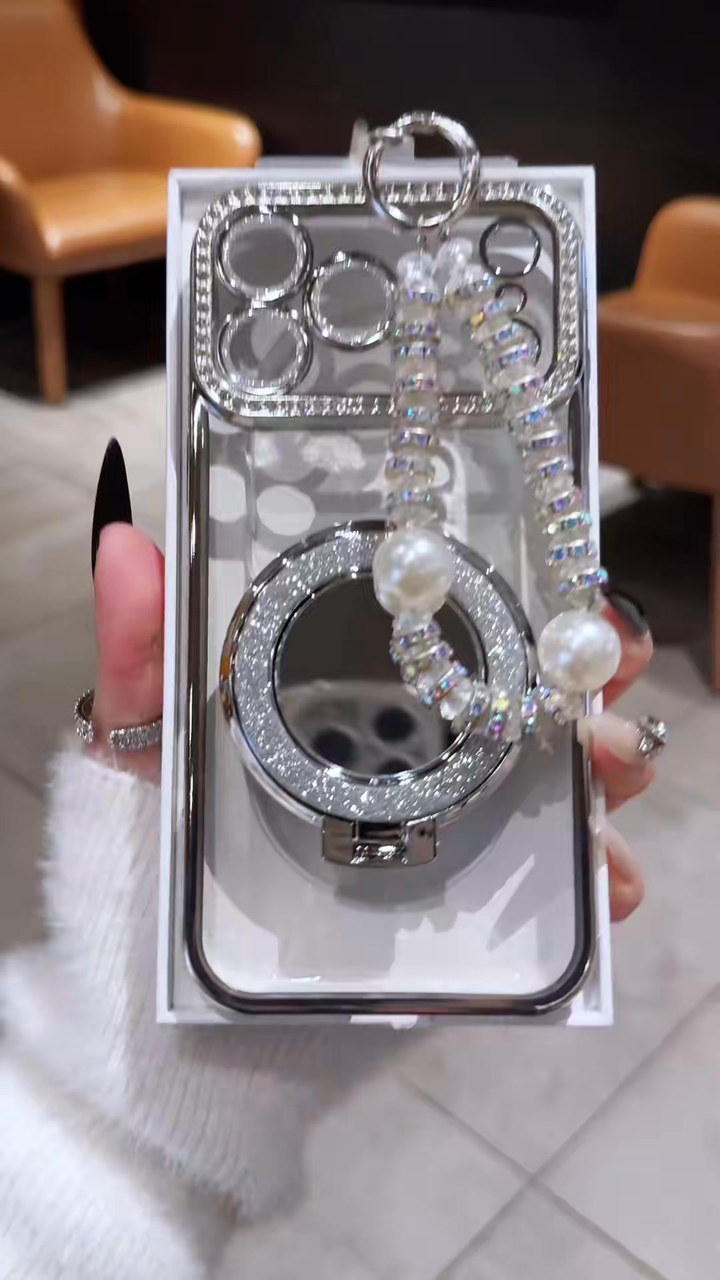 Sparkling Diamond Women's Phone Case with Mirror & Stand for iPhone 12/13/14/15/16/17 Pro Max,17Air,14/15/16 Plus