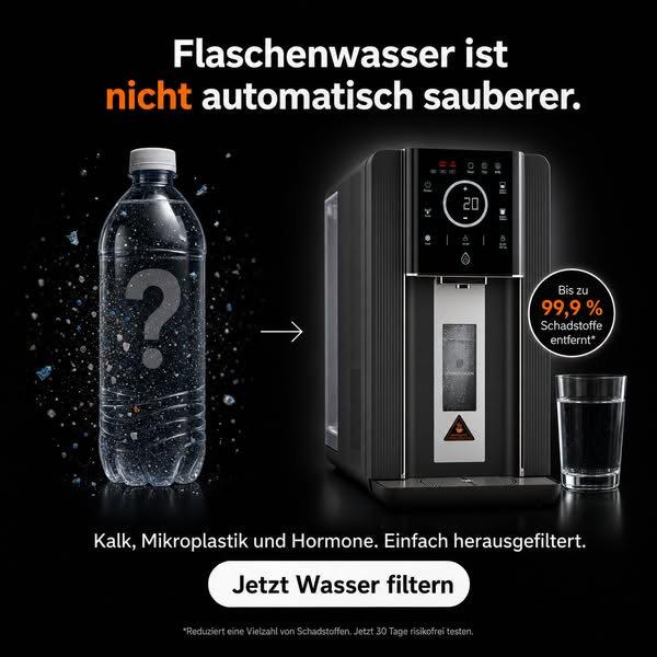 Kein Wasseranschluss nötig. 100 % gefiltertes Trinkwasser mit 3-stufigem Filtersystem