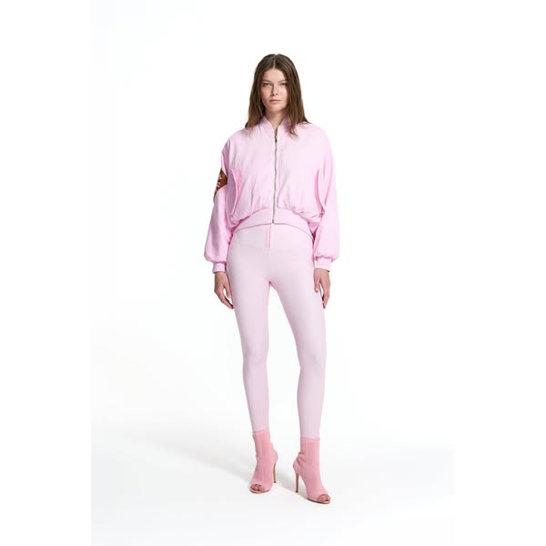 Pink Cropped Zip Ribbed Pocket Detail Bomber Jacket 19050