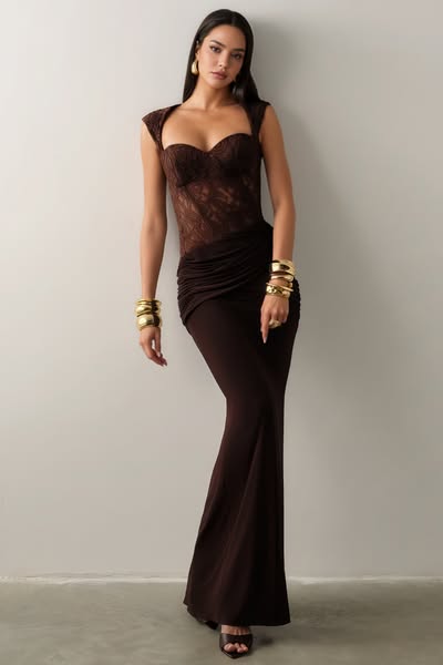 Evalyn Brown Sleeveless Lace Maxi Dress
