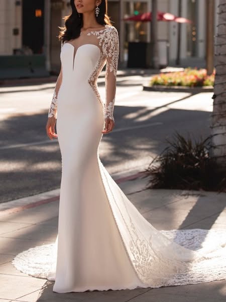 White Lace Illusion Mermaid Wedding Dress White-18