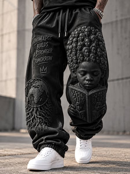 Men's 3D Embossed Black Child Reading Book Africa Map Art Print Loose Drawstring Waist Sweatpants