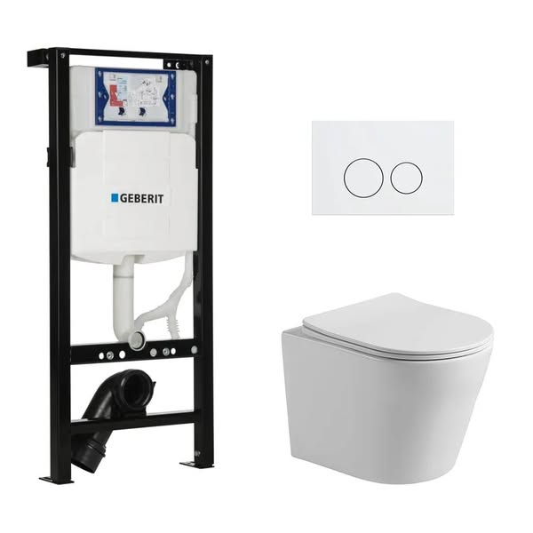 Toiletset Julio randloos glans wit met bedieningspaneel flat mat wit RVS en Plieger Duofix WC-element (UP320)