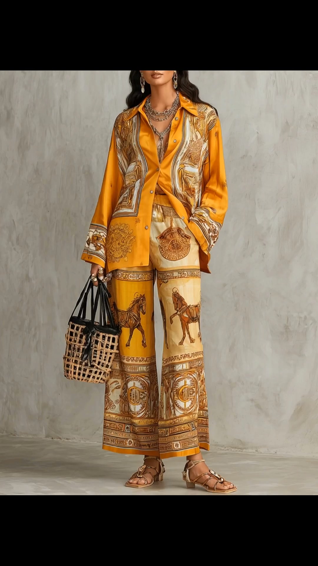Mustard Orange Equestrian Baroque Print Two-Piece Set | 10% OFF