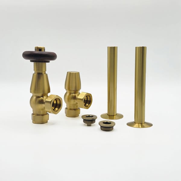 Angled Brushed Brass Thermostatic Valve Set, Pipe Sleeve & Air Vent