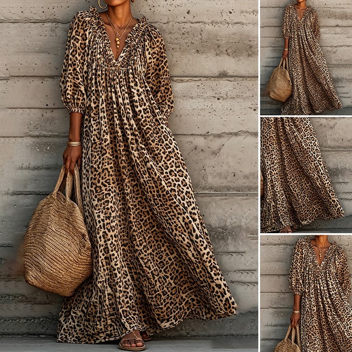 Kleid Leopard Druck V-Ausschnitt Puff Ärmel