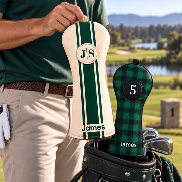 Personalized Golf Club Headcovers With Interchangeable ID Patches, Anti-Loss Adjustable Drawstring, Striped And Plaid Designs Golf Enthusias