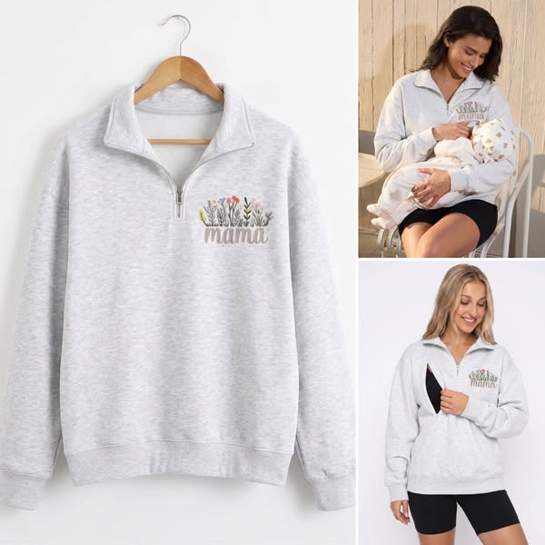 Floral MAMA Quarter‑Zip Sweatshirt