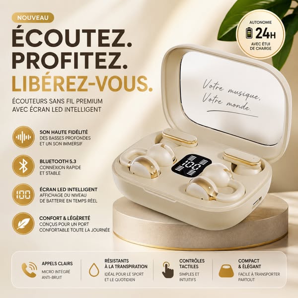 Écouteurs sans fil à double appairage avec boîtier LED intelligent | Ajustement ouvert et classique