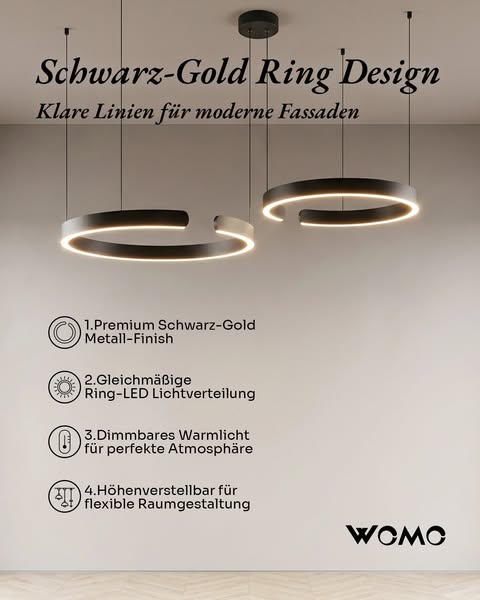 WOMO Schwarz/Gold Ring Led Kronleuchter
